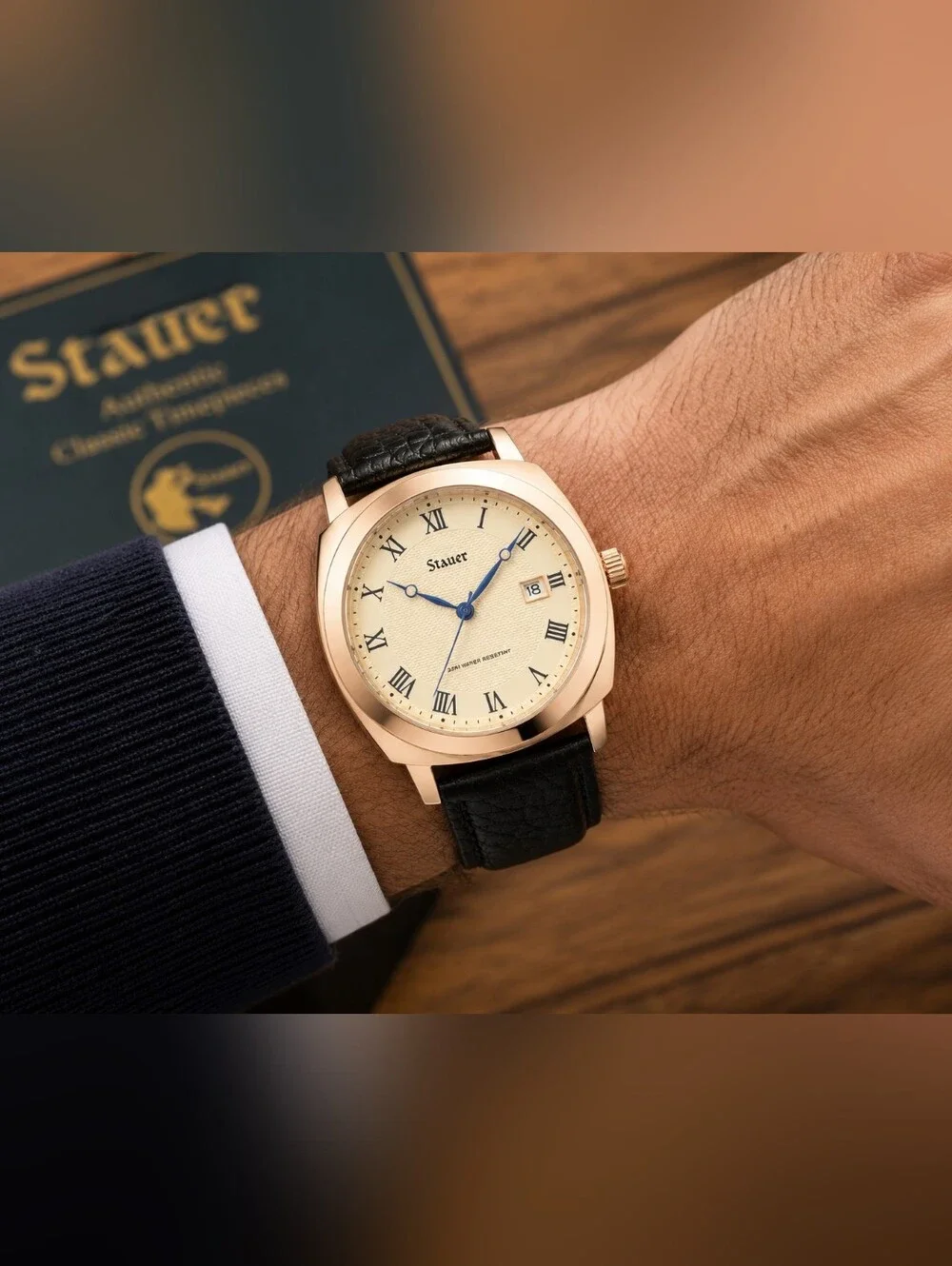 Stauer Men's Rose Gold Tone Date Watch Black Genuine Leather Strap NWT Boxed